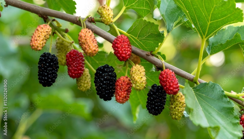 Close up of mulberries ripening from green to deep purple, clustered on gnarled tree branch showing color progression Close up of mulberries ripening from green to deep purple, clustered on gnarled tree branch showing color progression