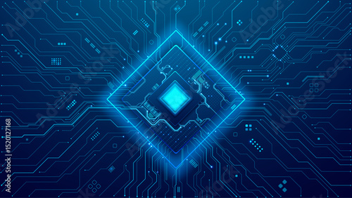 Futuristic light blue circuit board with AI innovation chip. Artificial Intelligence semiconductor with thin line wires and abstract electronics components. Digital CPU and PCB tech background. Vector