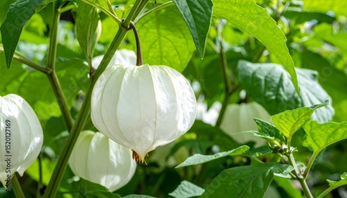 Close up of a tomatillo fruit ripening inside its papery husk, surrounded by vibrant green leaves in a garden setting