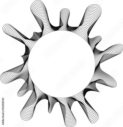 Central hollow circle with spiky radial blot shapes exhibiting sharp pointed rays and layered textured lines creating geometric organic radial forms.