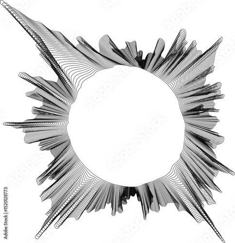 Hollow central circle surrounded by spattered radial rays with jagged edges and mixed sharp and rounded textures forming a layered organic radial pattern.