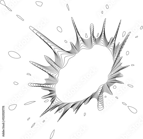 Hollow circle with speckled radial rays forming spot-like clusters with fine line textures and organic symmetrical concentric patterns.