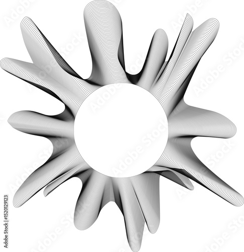 Radial starburst form with hollow center featuring grunge style rough linework and jagged radial spikes with layered concentric textures in organic balance.