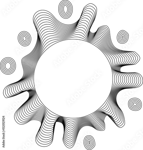 Radial starburst shape with hollow center and splash-like rays showing layered textures and fine concentric lines producing dynamic organic radial patterns.