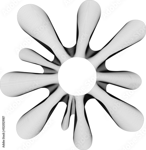 Central hollow circle with tiny blot-like radial splash rays arranged symmetrically with fine line textures and concentric organic layering creating splash forms.