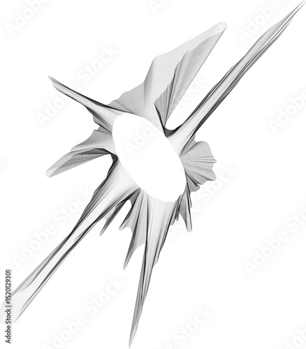 Radial splash form with hollow center featuring vertical splash trails with fine concentric linework and layered textures producing organic radial balance.