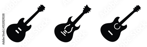 Guitar silhouettes set.Acoustic and heavy rock electric guitars musical instruments. Simple set of electric guitar vector icons for web design. Music symbols collection.Vector ilustration.	