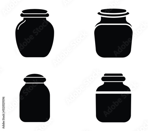 Kitchen storage jars icon set – solid silhouette style for pantry organization and design: mason jar, airtight jar, glass jar, spice jar, pickle jar, jam jar, honey pot.