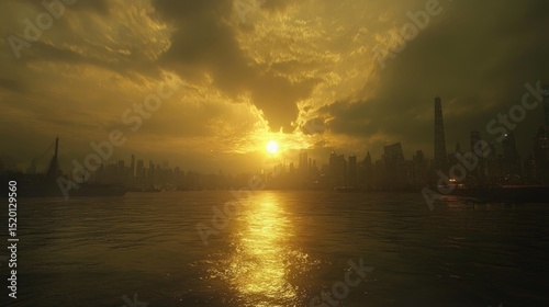 Golden light reflecting on the Huangpu River with the Shanghai skyline glowing on the horizon