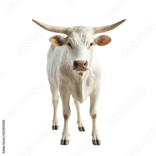 the image features a light colored bovine animal with long horns standing against a solid background. the animal faces forward, displaying its complete form from head to hoof. the background is plain