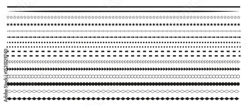 Varied dotted line designs, brushes and borders, perfect for graphic design elements and decorative accents.