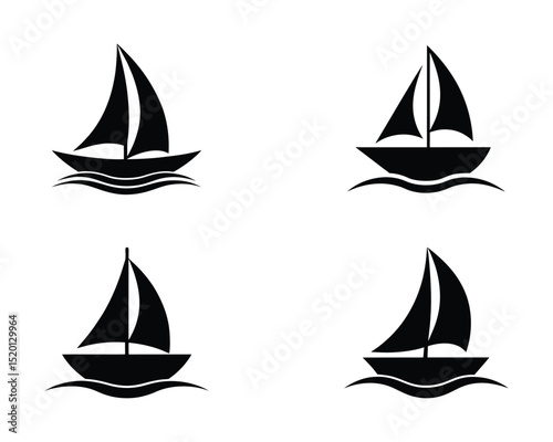 Sailing boat silhouette black icons set. Transport travelling vacation marine ship with sail yacht. Nautical design elements for yacht club sailing simple sport logo in flat style. Isolated vector on