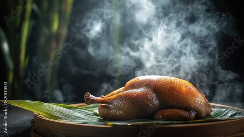 Golden roasted duck resting on a bamboo leaf with aromatic steam rising from a nearby steamer