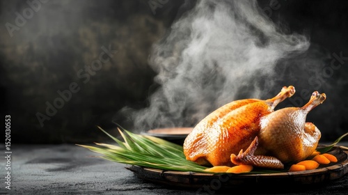 Golden roasted duck resting on a bamboo leaf with aromatic steam rising from a nearby steamer
