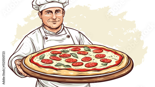 Professional Cook Holding Hot Pizza - Vector Illustration