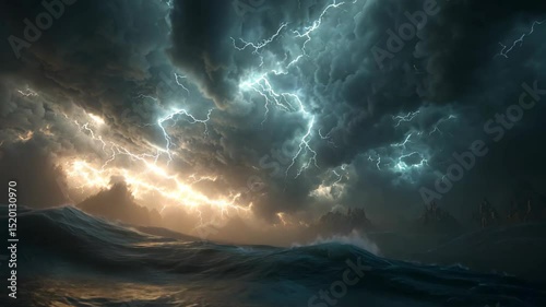 raging ocean with big wave under lightning storm sky 