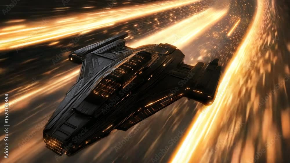 Futuristic spaceship flying through space with glowing light trails  
