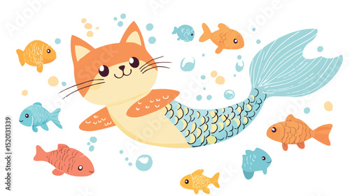 Adorable Cat Mermaid Swimming Playfully with Fishes Underwater