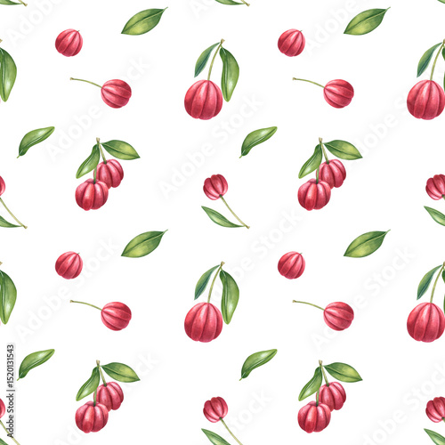 Acerola berries and cherries on branch with green leaves watercolor seamless pattern isolated on white background. Exotic tropical fruits illustration. For vitamin supplement design, doll textile.