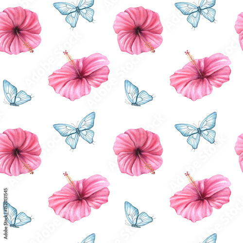 Pink mallows and abstract blue butterflies watercolor seamless pattern isolated background. Delicate floral illustration for wedding invitation, feminine fashion textile, baby clothing, bedding