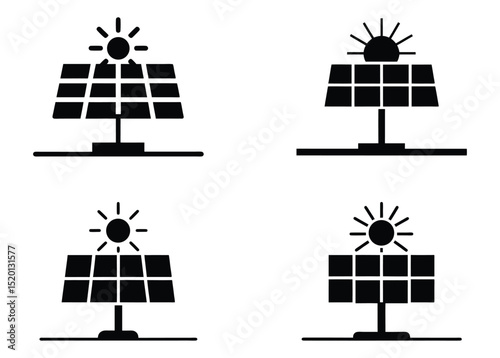 Solar panel silhouettes vector art. Black silhouettes of solar panels vector icons. Solar panel silhouettes icons for eco energy power. Vector solar panel silhouettes for renewable energy.