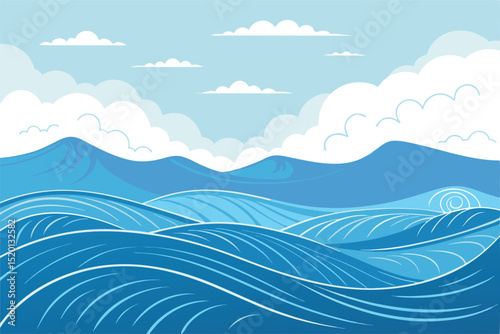 Blue curves and the waves of the sea range from soft to dark vector background flat design style