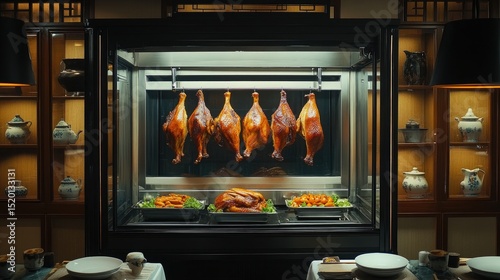 Golden-brown roasted Peking duck hanging in a glass display case in a traditional Chinese kitchen