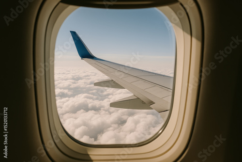Airplane Wing Viewed From Window During Flight Over Cloudy Sky With Bright Blue Horizon