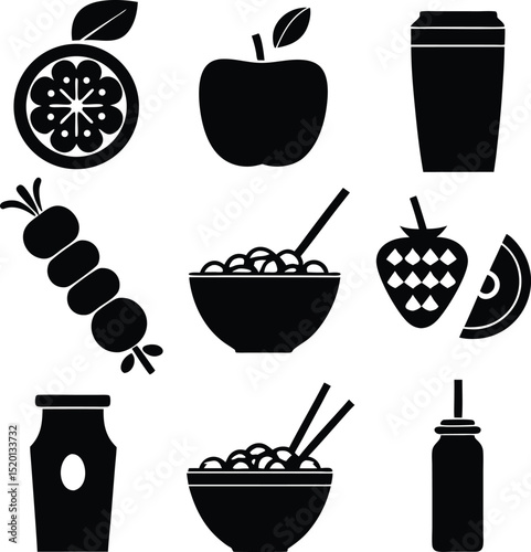 Silhouette vector set of healthy food icons including fruit, smoothie bottle, salad bowl, and chopsticks, perfect for nutrition, wellness, plant-based lifestyle, recipe blogs, and food prep illustrati