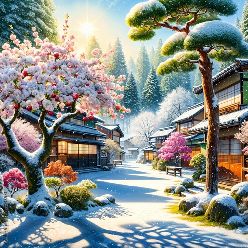 A tranquil winter village with snow-laden houses, radiant cherry blossoms, and a bright sun in a clear sky. Pine trees frame the vibrant scenery, enriching the serene ambiance.     (Gen, A.I.)
