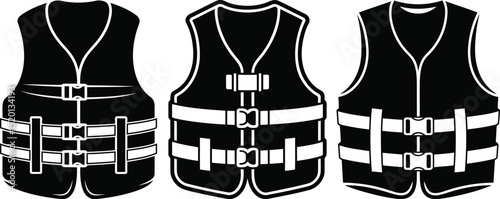 Set of Black Life Jacket Silhouette Vector, Transparent Background.