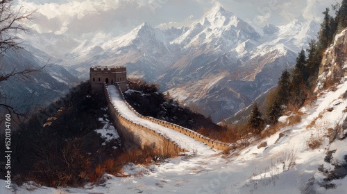 Great Wall of China covered in snow, curving gracefully through a quiet mountain pass in winter