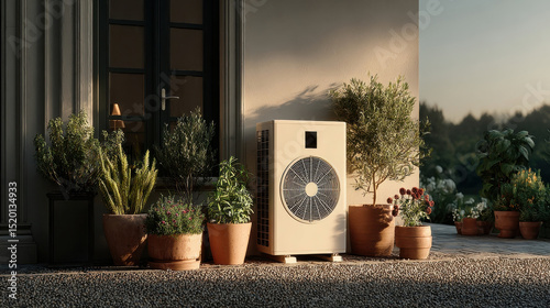 Outdoor white AC unit beside modern home with plants