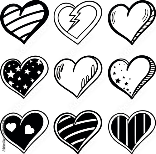 A collection of nine unique heart illustrations, each with a different hand-drawn style and pattern.  Perfect for Valentine's Day or romantic designs.