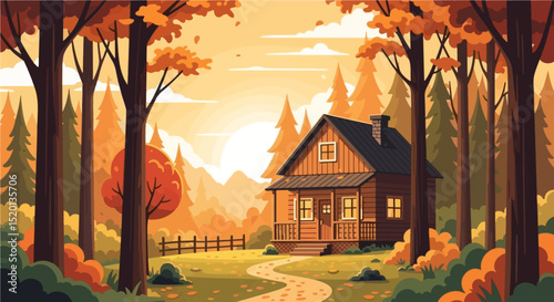 Cozy Wooden Cabin in Autumn Forest Sunset
