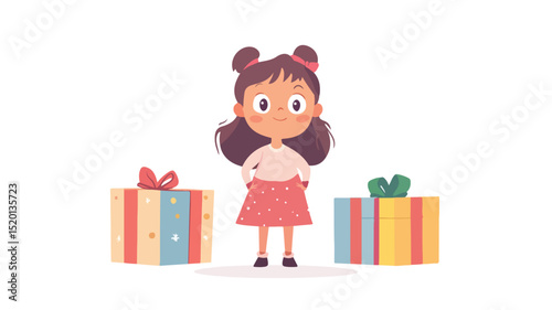 Young girl with gift boxes near Christmas tree - Festive holiday spirit