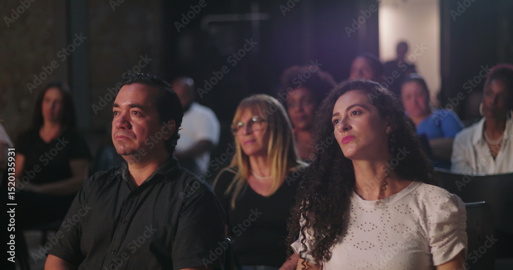 Fototapeta premium Focused audience attentively listening to a spiritual speaker, diverse group of people engaged in faith-based message, community connection, and shared inspiration