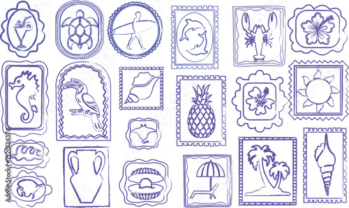Summer beach tropical travel stamp with crayon, vector hand drawn ocean surf print set, coastal postage design. Exotic flowers fruits, vintage Hawaii island tourism symbol. Travel stamp retro graphic