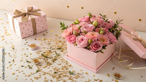 gift box with pink roses and ribbon
