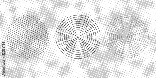 Black concentric circle set. Sonar or sound wave ring collection. Dotted and linear epicentre, target, radar icon concept. Ripple radial signal or vibration elements. Vector line and halftone symbols