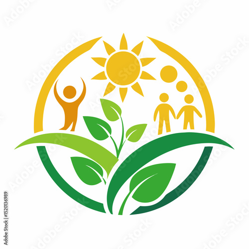 Nature Inspired Health Logo Design Featuring Sun Leaf and People