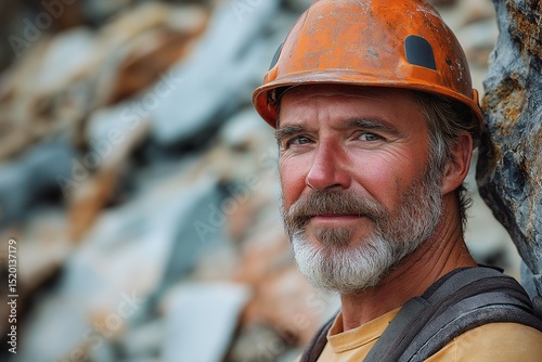 Confident Miner Portrait in Safety Gear at Construction Site. Rugged Masculine Workwear and Smiling Eyes Under Blue Sky.