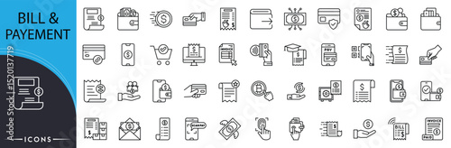 Bill and payment related icon collections. Containing invoice, receipt, transaction, money, credit, cash, billing, payment gateway, finance, and wallet icons. Editable Stroke. Outline icons.