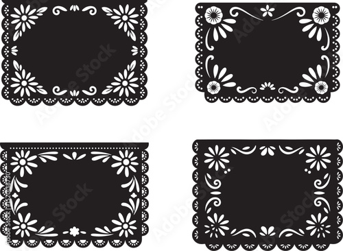 Decorative black and white Papel Picado style floral banners silhouette vector sets