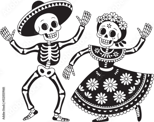 Black and White Dancing Skeletons for Día de los Muertos Celebration Silhouette Vector