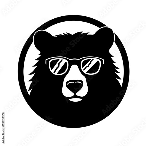 A stylish silhouette of a bear wearing cool sunglasses within a circle. The black and white contrasts emphasize a trendy and modern vibe.