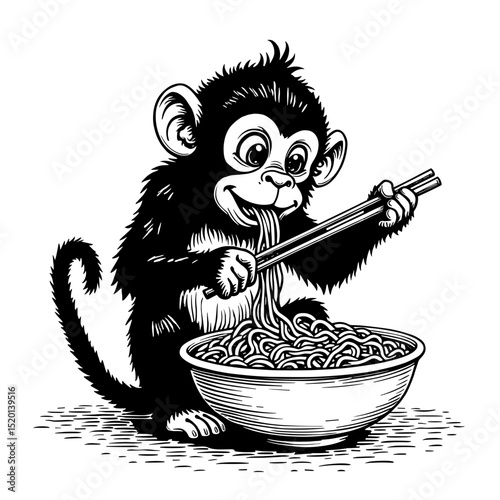 A delightful cartoon monkey relishes a steaming bowl of noodles using chopsticks, its playful expression radiating joy and contentment in this fun illustration.