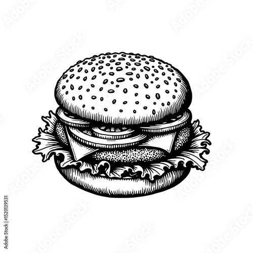 A mouthwatering and detailed vintage line art illustration of a hamburger. It is a classic hamburger with a sesame bun, lettuce, tomato and other ingredients.