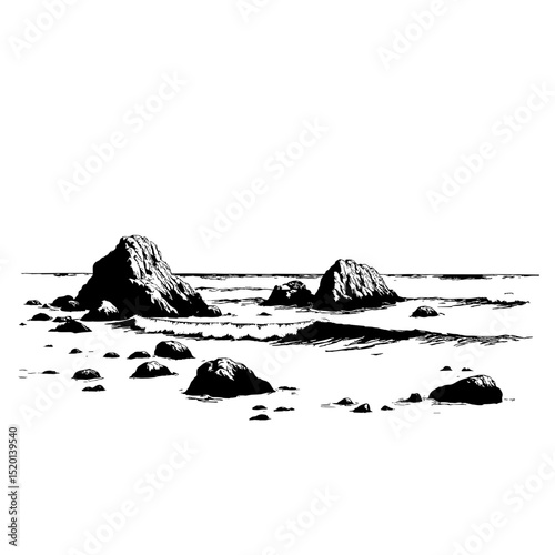 An evocative ink drawing of a serene coastal scene, where rugged rocks punctuate the expanse of sand, and the ocean's edge, rendered in striking detail.