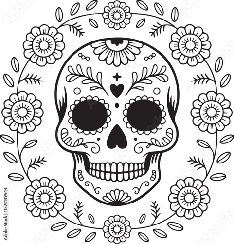 Detailed Black and White Sugar Skull with Floral Wreath Mandala for Día de los Muertos